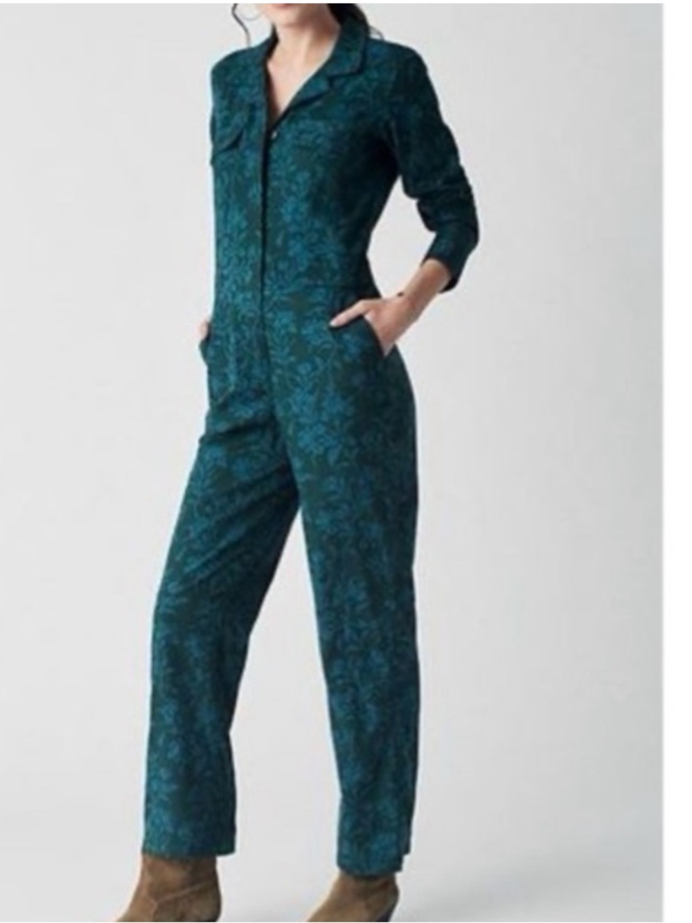 Faherty Teal Floral-Print Long-Sleeve Jumpsuit